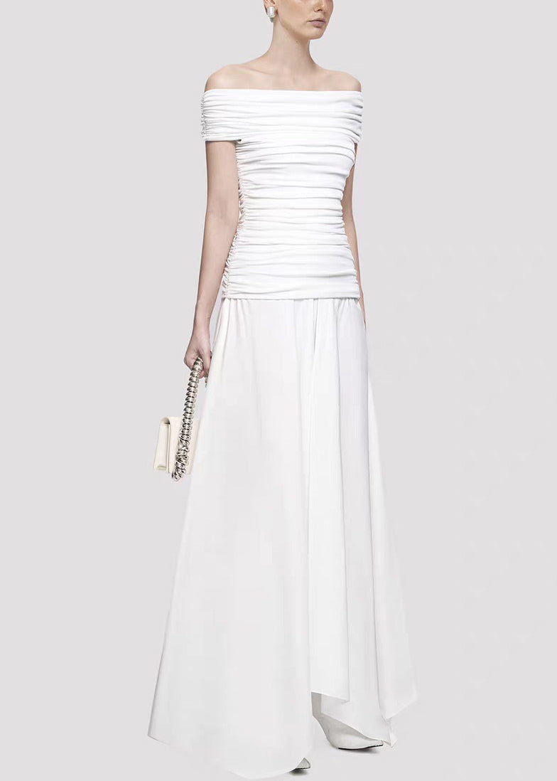 Original White Slash Neck Wrinkled Knitting Cotton Long Dress Summer