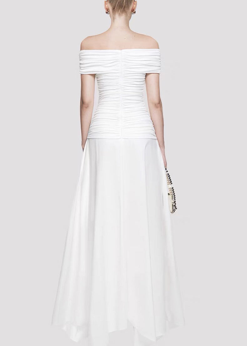 Original White Slash Neck Wrinkled Knitting Cotton Long Dress Summer