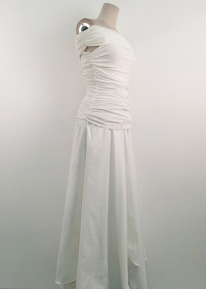 Original White Slash Neck Wrinkled Knitting Cotton Long Dress Summer