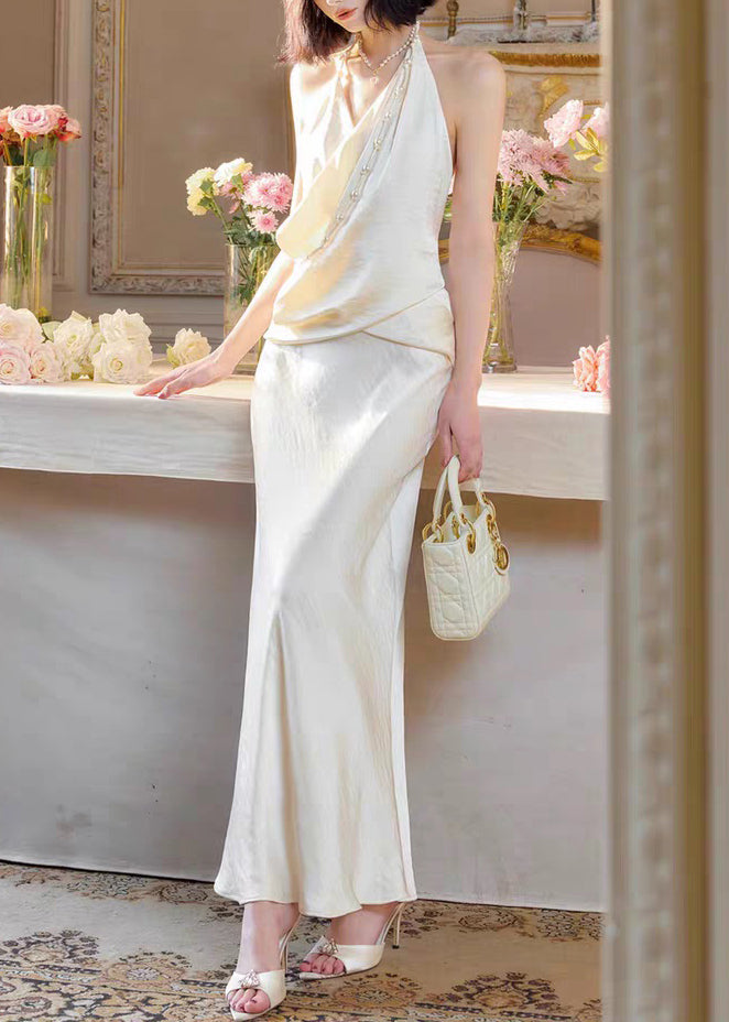 Original White V Neck Pearl Backless Silk Long Dress Sleeveless