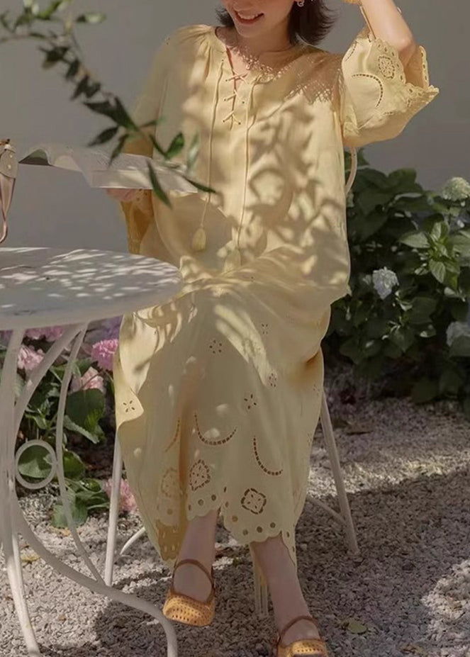Original Yellow Lace Up Hollow Out Cotton Long Dresses Fall