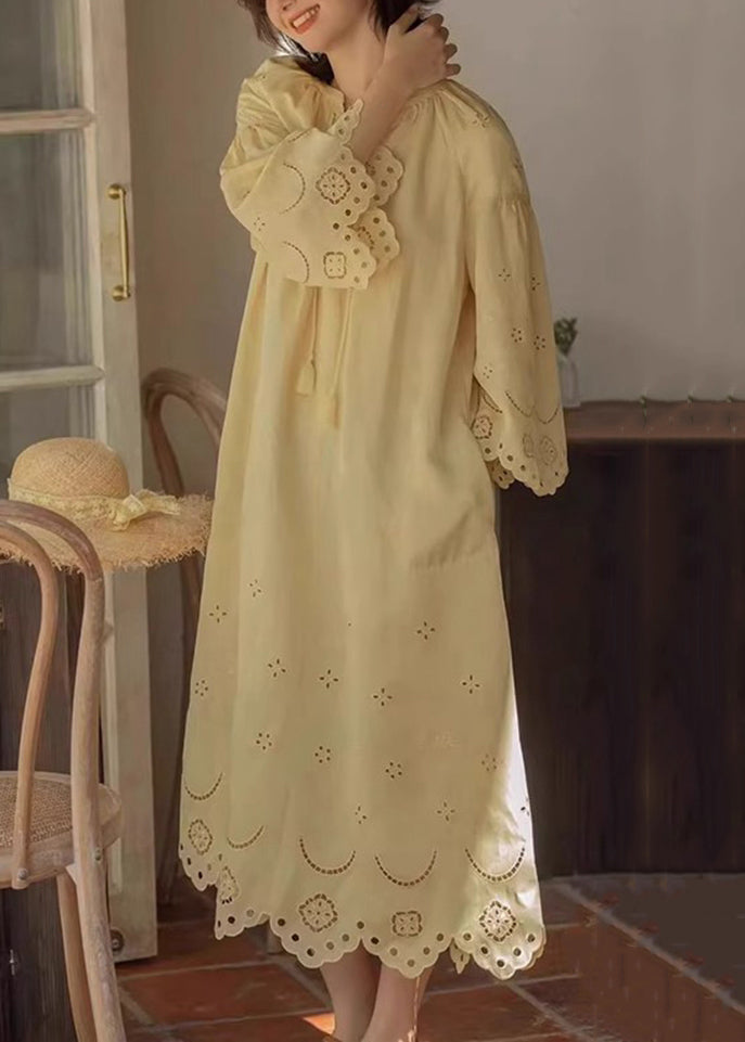 Original Yellow Lace Up Hollow Out Cotton Long Dresses Fall