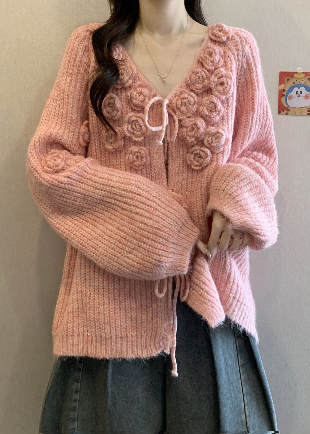 Pink Lace Up Cozy Cotton Knit Winter Cardigan V Neck
