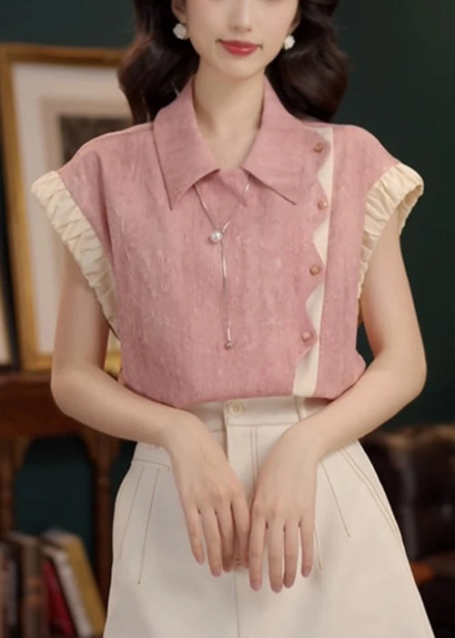 Pink Original Design Patchwork Cotton Summer Blouse Peter Pan Collar