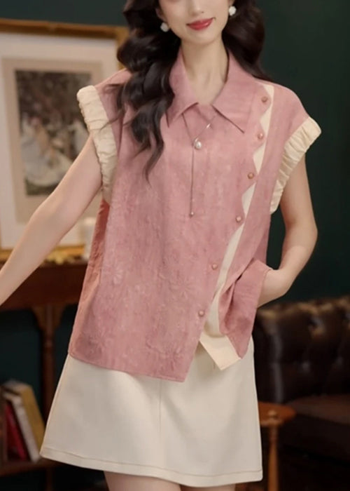 Pink Original Design Patchwork Cotton Summer Blouse Peter Pan Collar