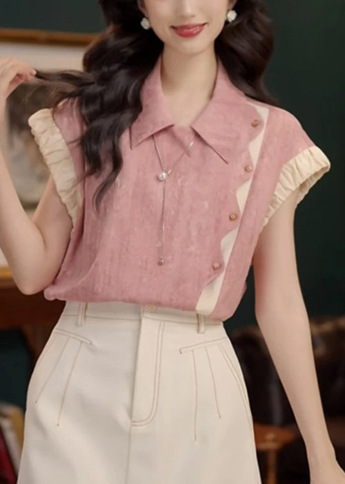 Pink Original Design Patchwork Cotton Summer Blouse Peter Pan Collar