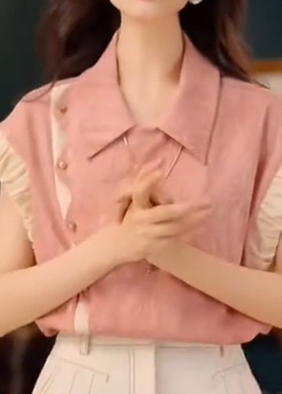 Pink Original Design Patchwork Cotton Summer Blouse Peter Pan Collar