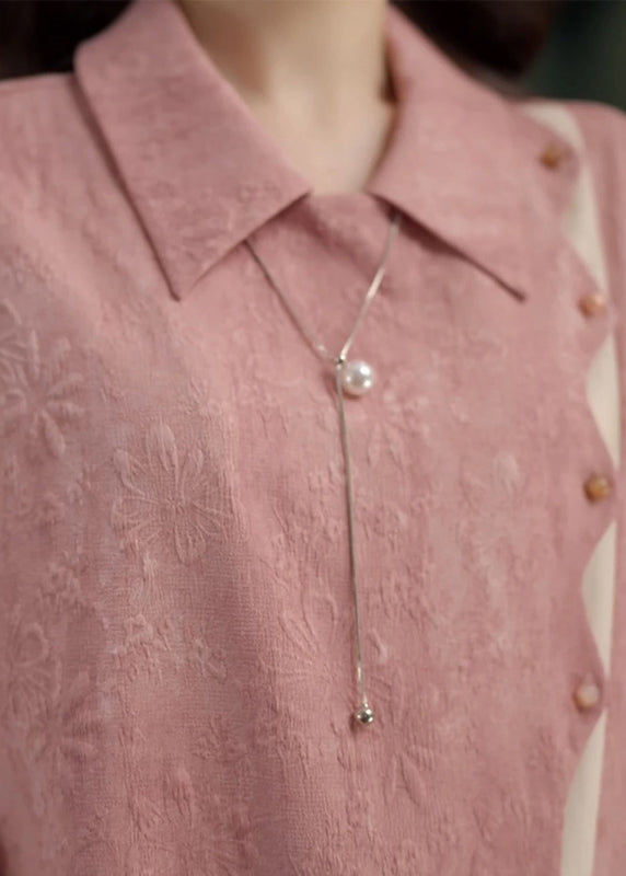 Pink Original Design Patchwork Cotton Summer Blouse Peter Pan Collar