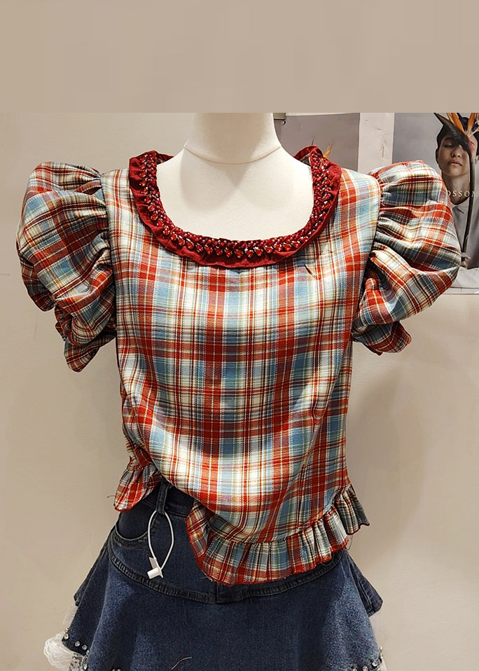Plaid Red Zircon Patchwork Cotton Shirt Puff Sleeve