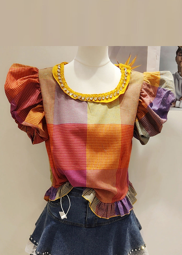 Plaid Red Zircon Patchwork Cotton Shirt Puff Sleeve