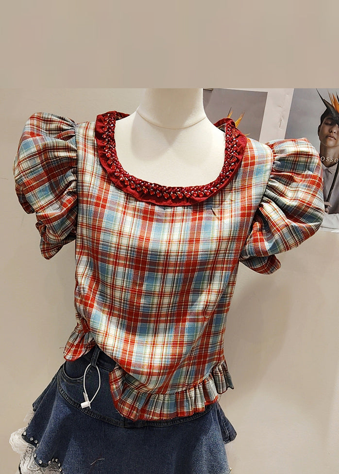 Plaid Red Zircon Patchwork Cotton Shirt Puff Sleeve