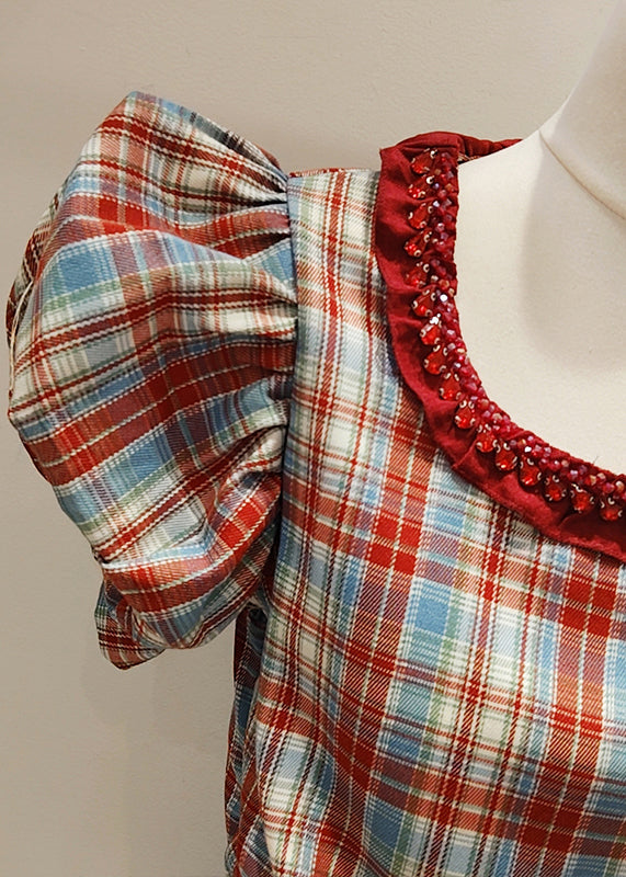 Plaid Red Zircon Patchwork Cotton Shirt Puff Sleeve