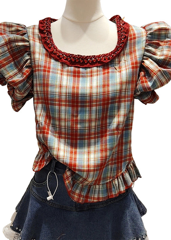 Plaid Red Zircon Patchwork Cotton Shirt Puff Sleeve