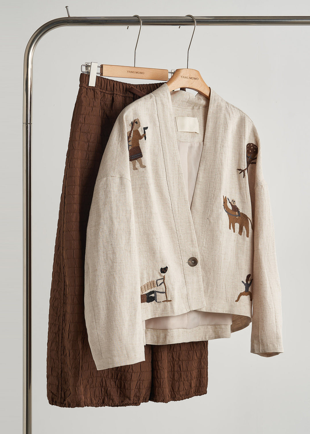 Plus Size Beige Embroidered Oversized Linen Coat Fall