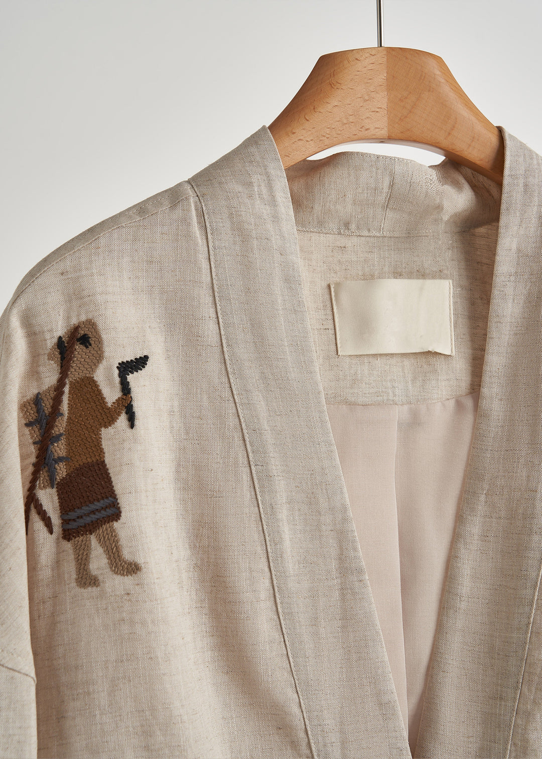 Plus Size Beige Embroidered Oversized Linen Coat Fall