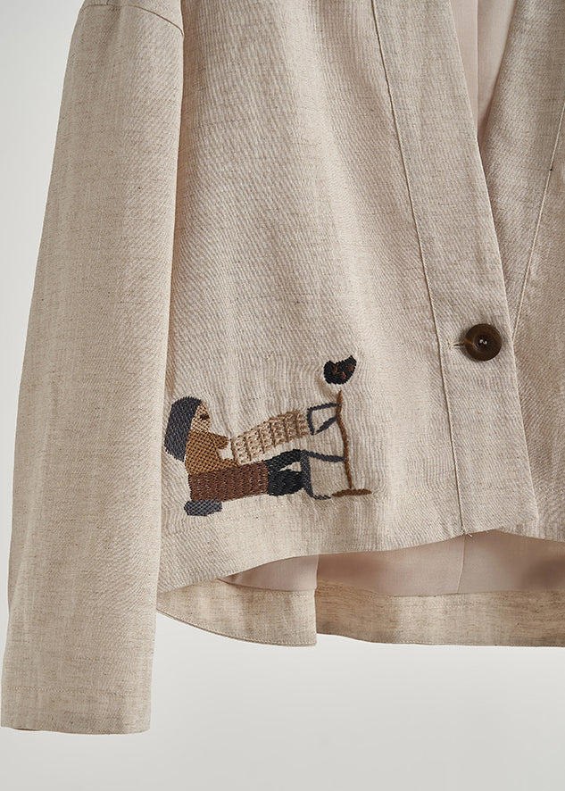 Plus Size Beige Embroidered Oversized Linen Coat Fall