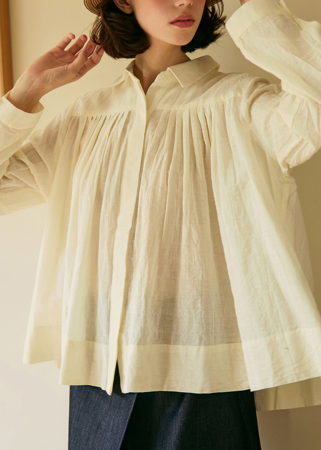 Plus Size Beige Peter Pan Collar Wrinkled Cotton Shirt Top Fall