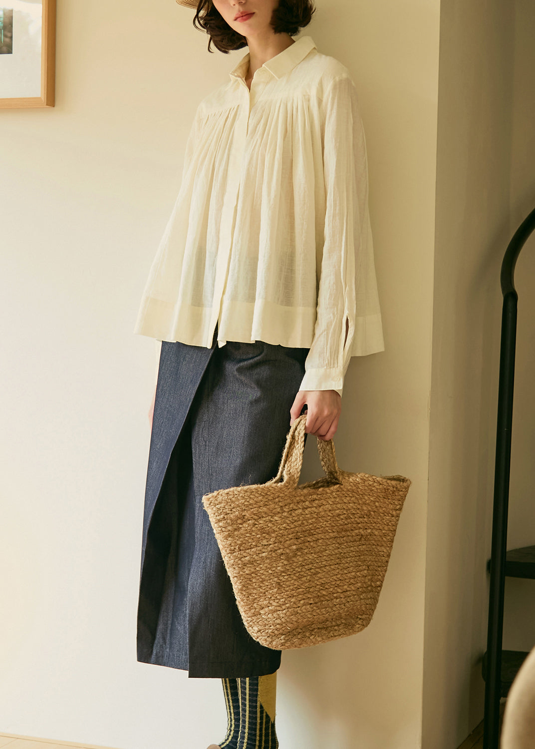 Plus Size Beige Peter Pan Collar Wrinkled Cotton Shirt Top Fall