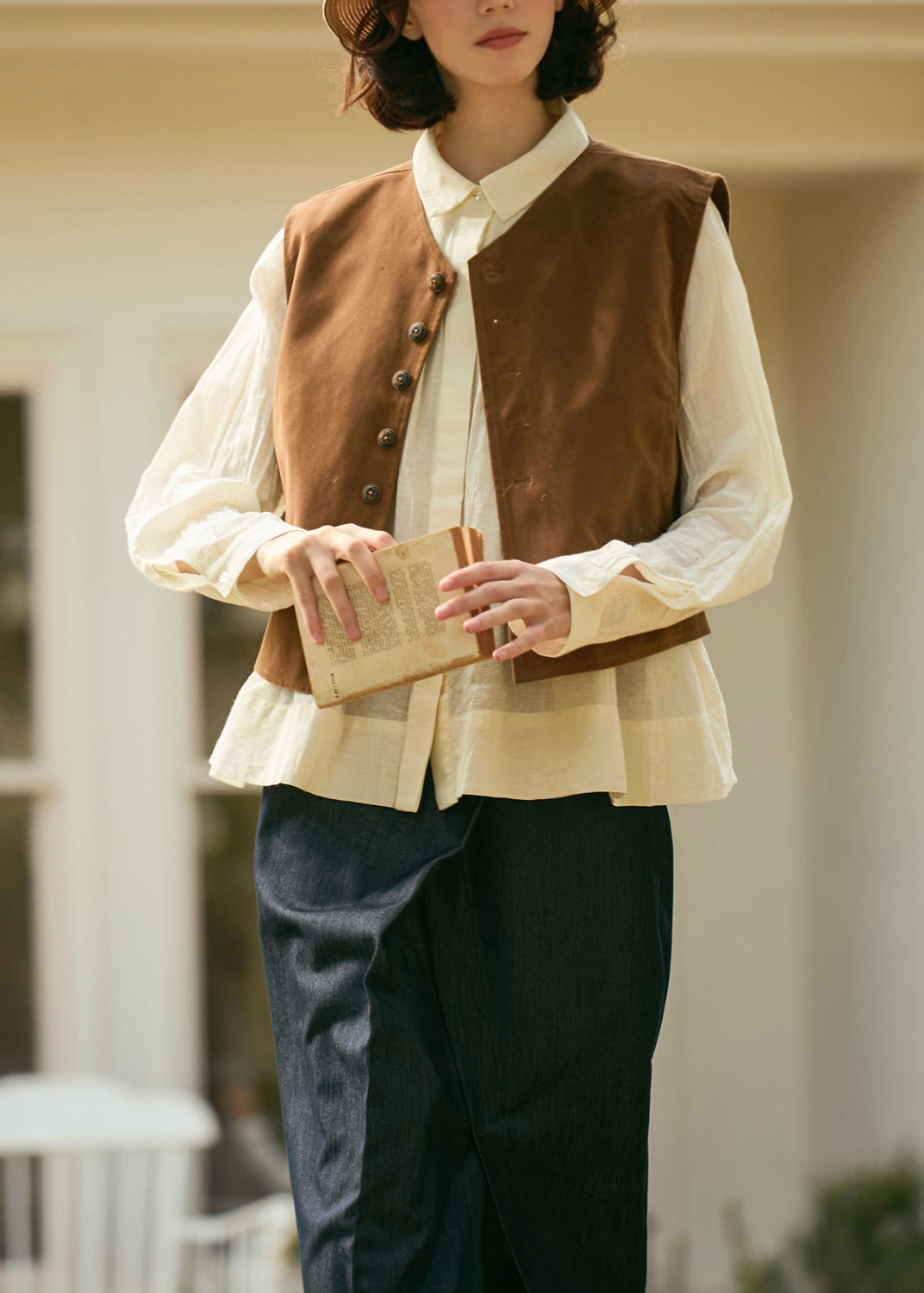 Plus Size Beige Peter Pan Collar Wrinkled Cotton Shirt Top Fall