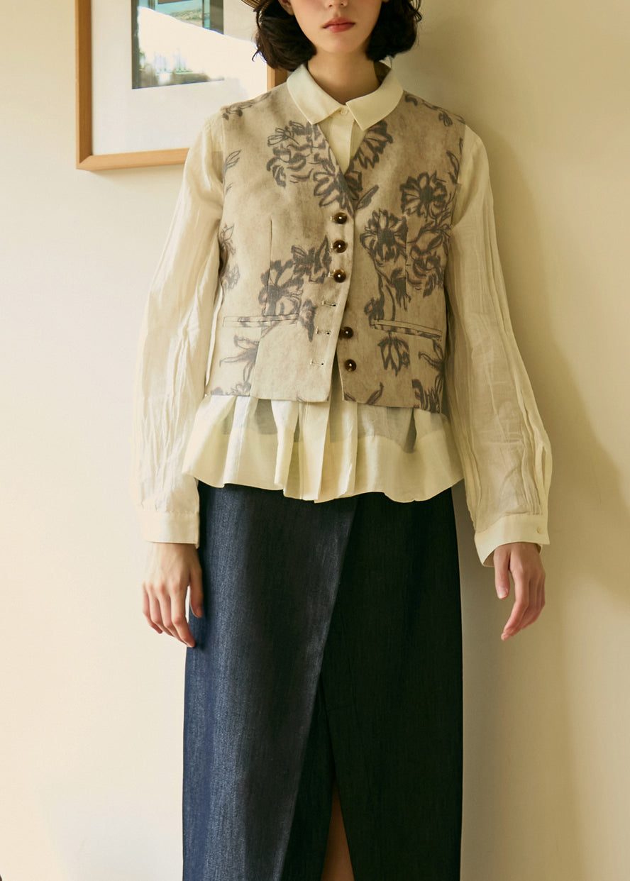 Plus Size Beige Peter Pan Collar Wrinkled Cotton Shirt Top Fall