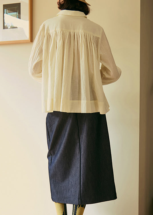 Plus Size Beige Peter Pan Collar Wrinkled Cotton Shirt Top Fall