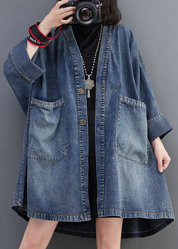 Plus Size Blue V Neck Pockets Denim Coats Fall