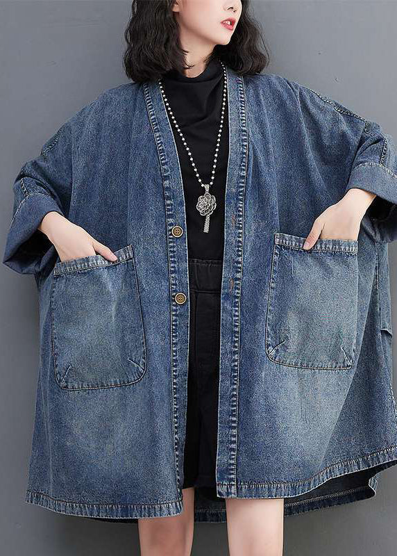 Plus Size Blue V Neck Pockets Denim Coats Fall
