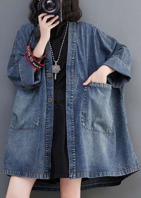 Plus Size Blue V Neck Pockets Denim Coats Fall