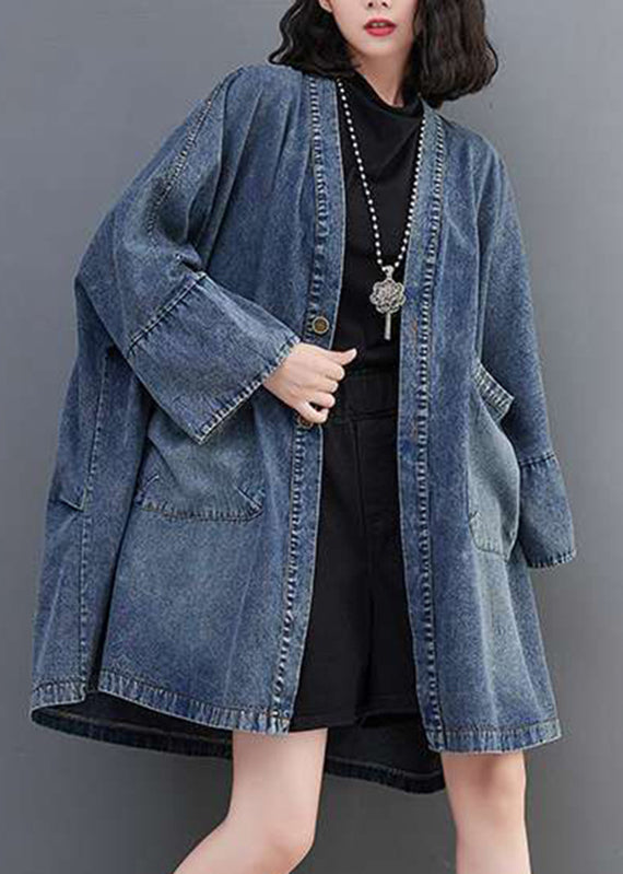 Plus Size Blue V Neck Pockets Denim Coats Fall