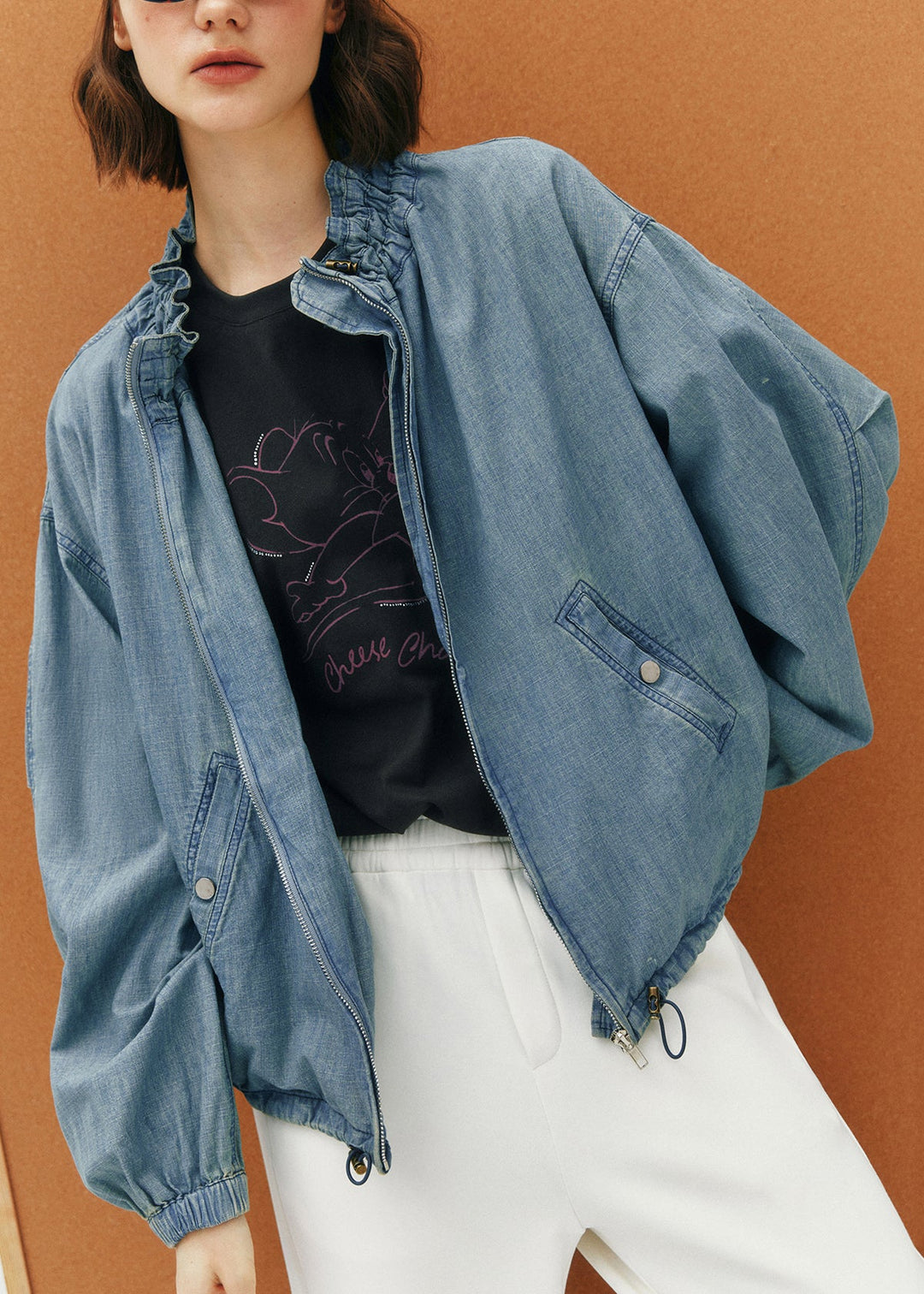 Plus Size Blue Zip Up Ruffled Pockets Denim Jackets Fall