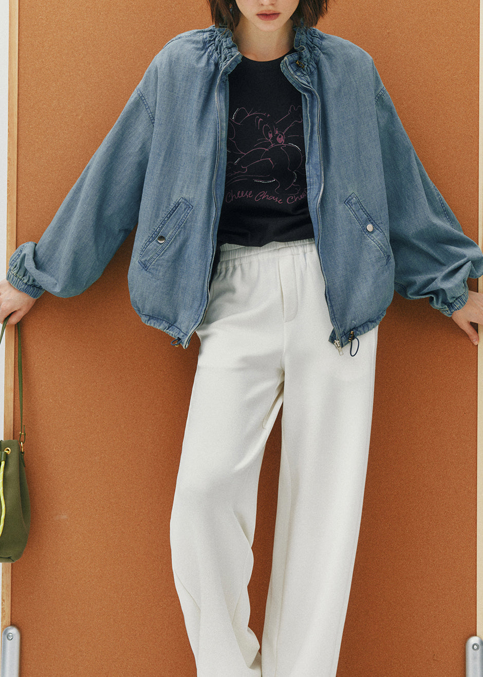 Plus Size Blue Zip Up Ruffled Pockets Denim Jackets Fall