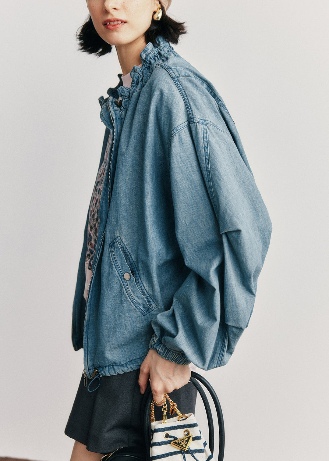 Plus Size Blue Zip Up Ruffled Pockets Denim Jackets Fall