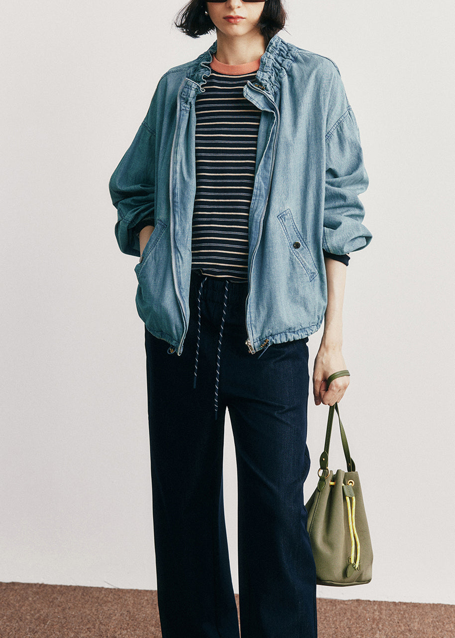 Plus Size Blue Zip Up Ruffled Pockets Denim Jackets Fall