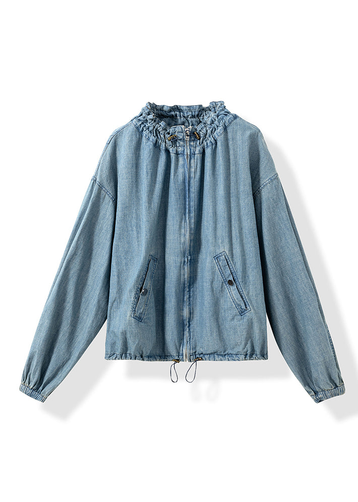 Plus Size Blue Zip Up Ruffled Pockets Denim Jackets Fall