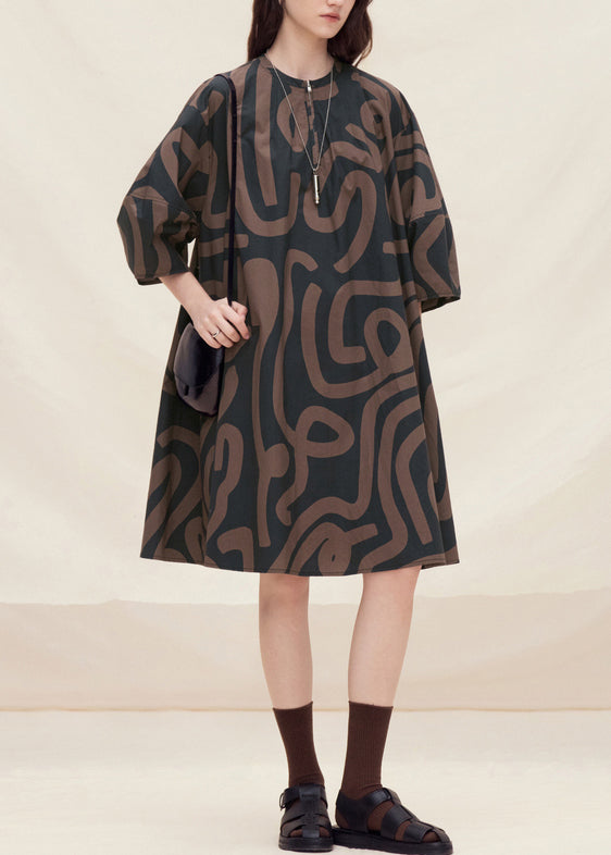 Plus Size Brown O Neck Print Cotton Mid Dress Lantern Sleeve