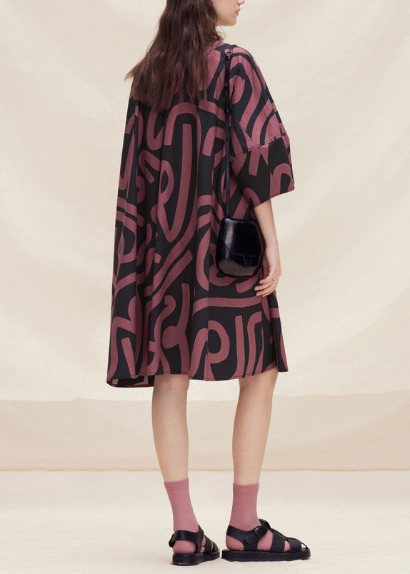 Plus Size Brown O Neck Print Cotton Mid Dress Lantern Sleeve