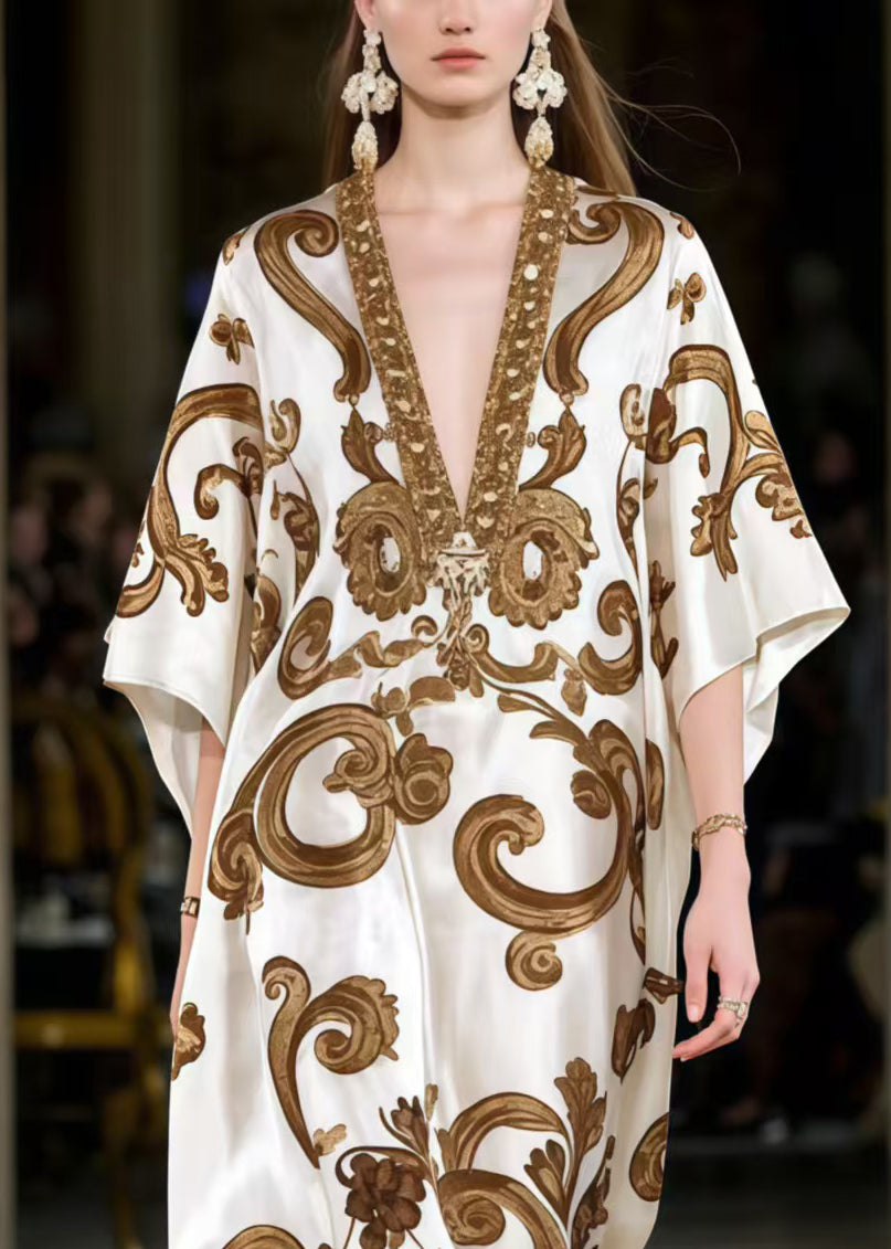 Plus Size Coffee Oversized Print Silk Maxi Dresses Summer