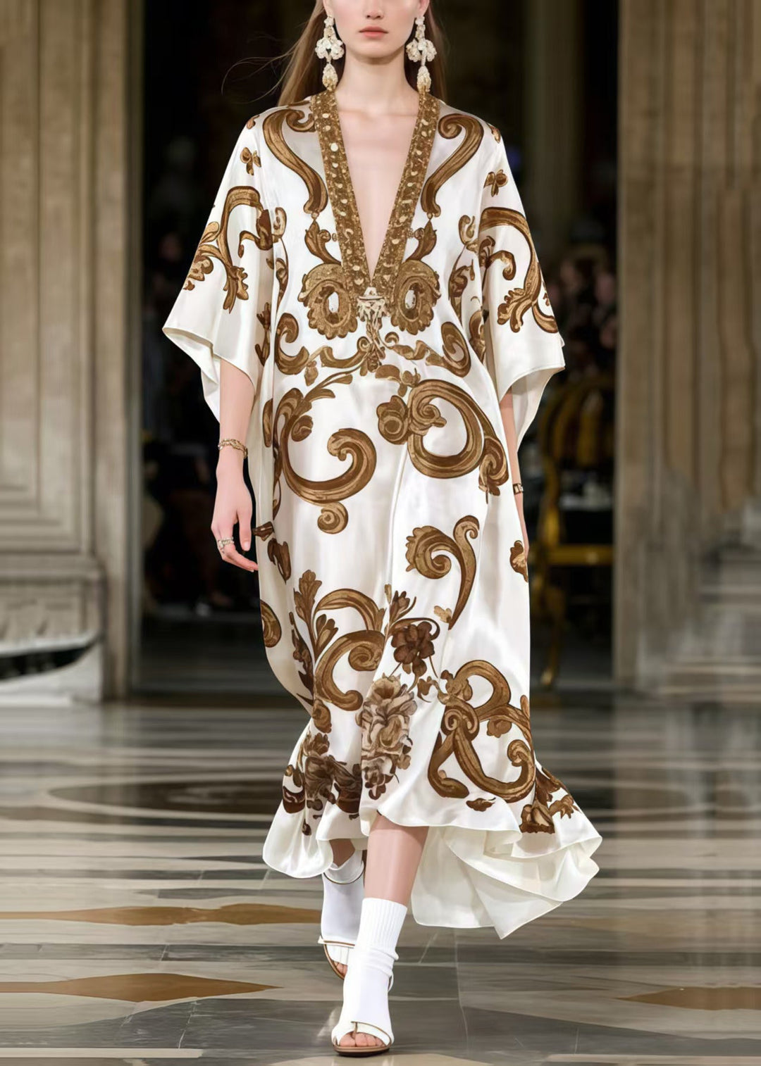 Plus Size Coffee Oversized Print Silk Maxi Dresses Summer