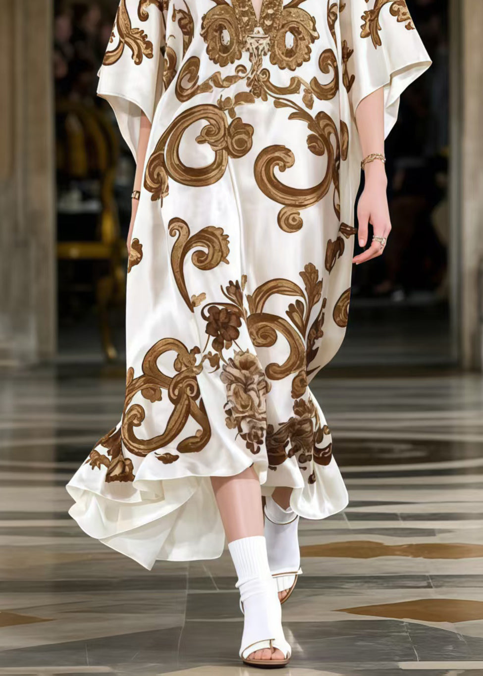 Plus Size Coffee Oversized Print Silk Maxi Dresses Summer