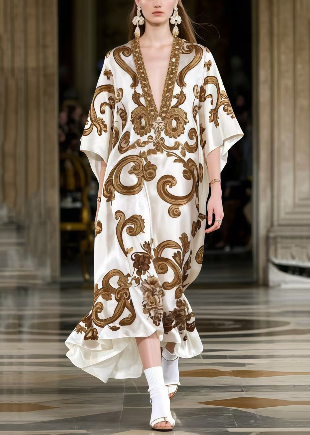 Plus Size Coffee Oversized Print Silk Maxi Dresses Summer