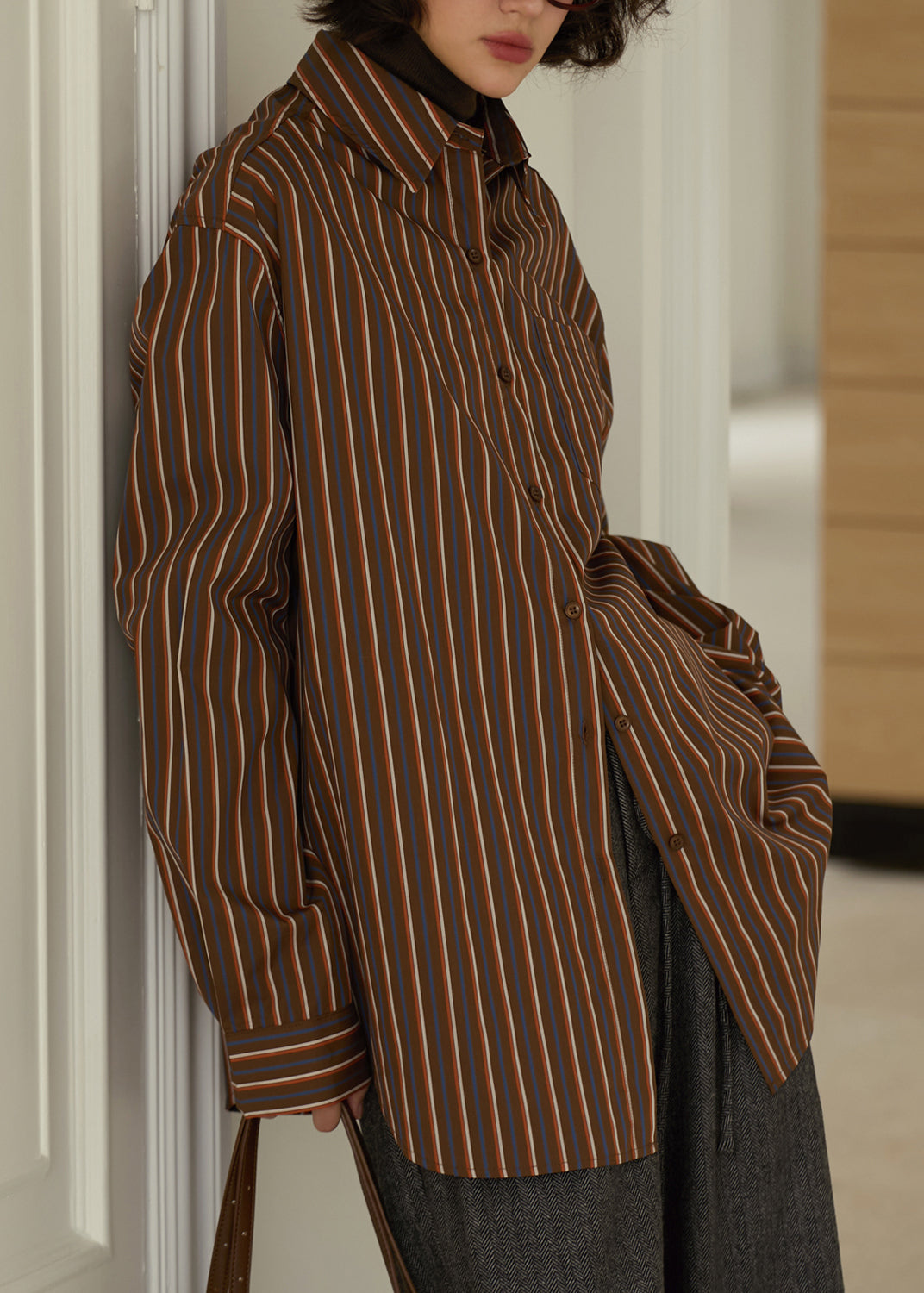 Plus Size Coffee Peter Pan Collar Striped Cotton Shirt Top Fall