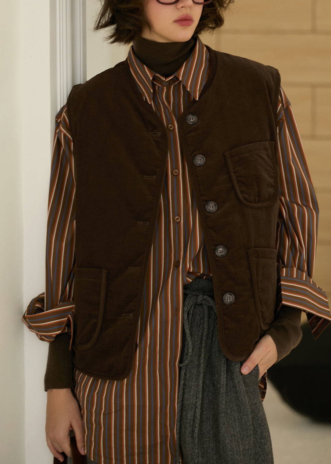 Plus Size Coffee Peter Pan Collar Striped Cotton Shirt Top Fall