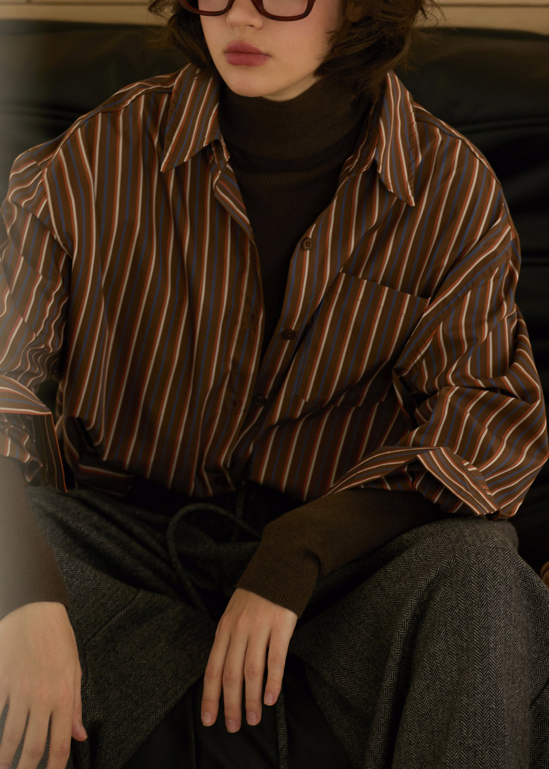 Plus Size Coffee Peter Pan Collar Striped Cotton Shirt Top Fall