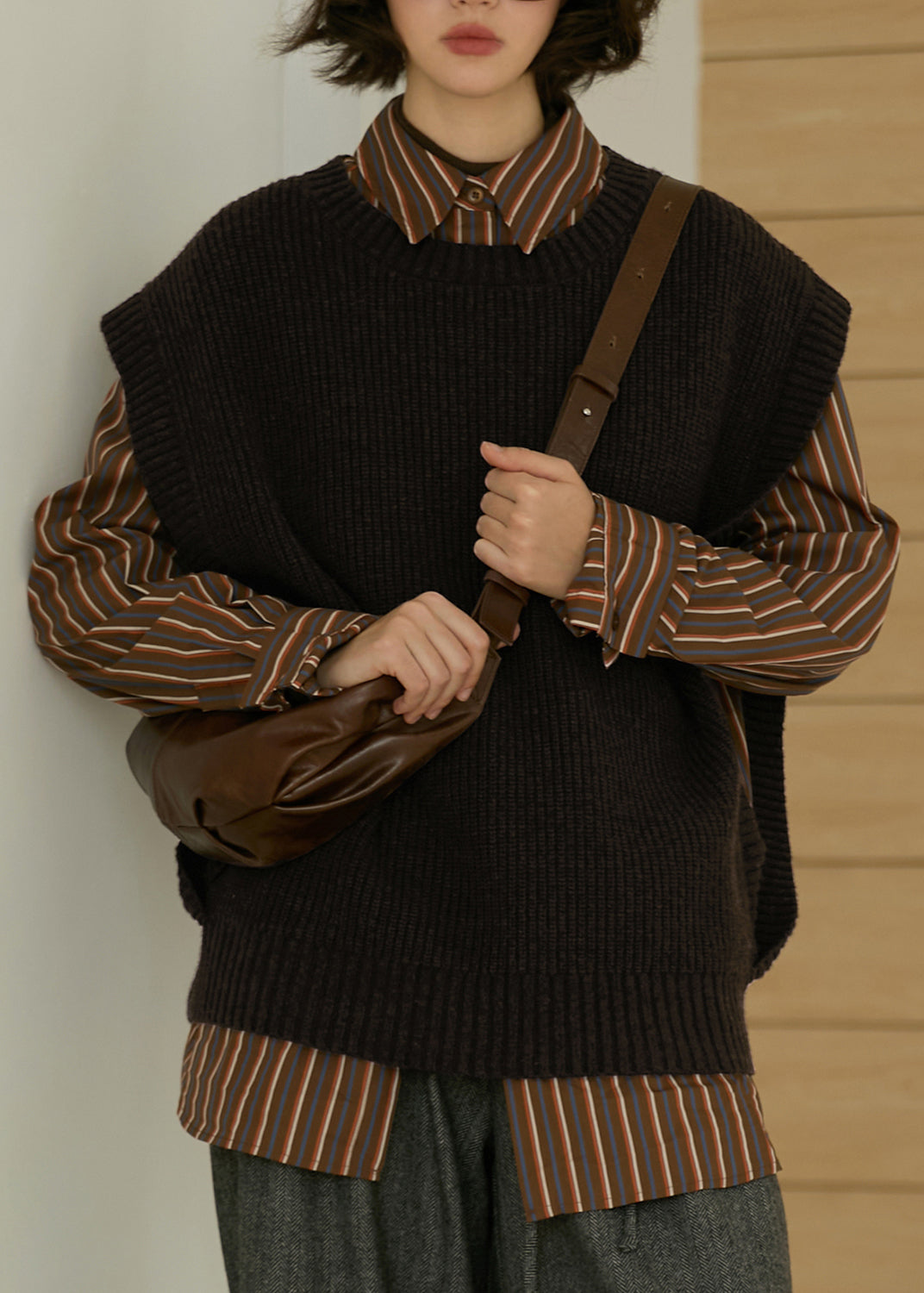 Plus Size Coffee Peter Pan Collar Striped Cotton Shirt Top Fall