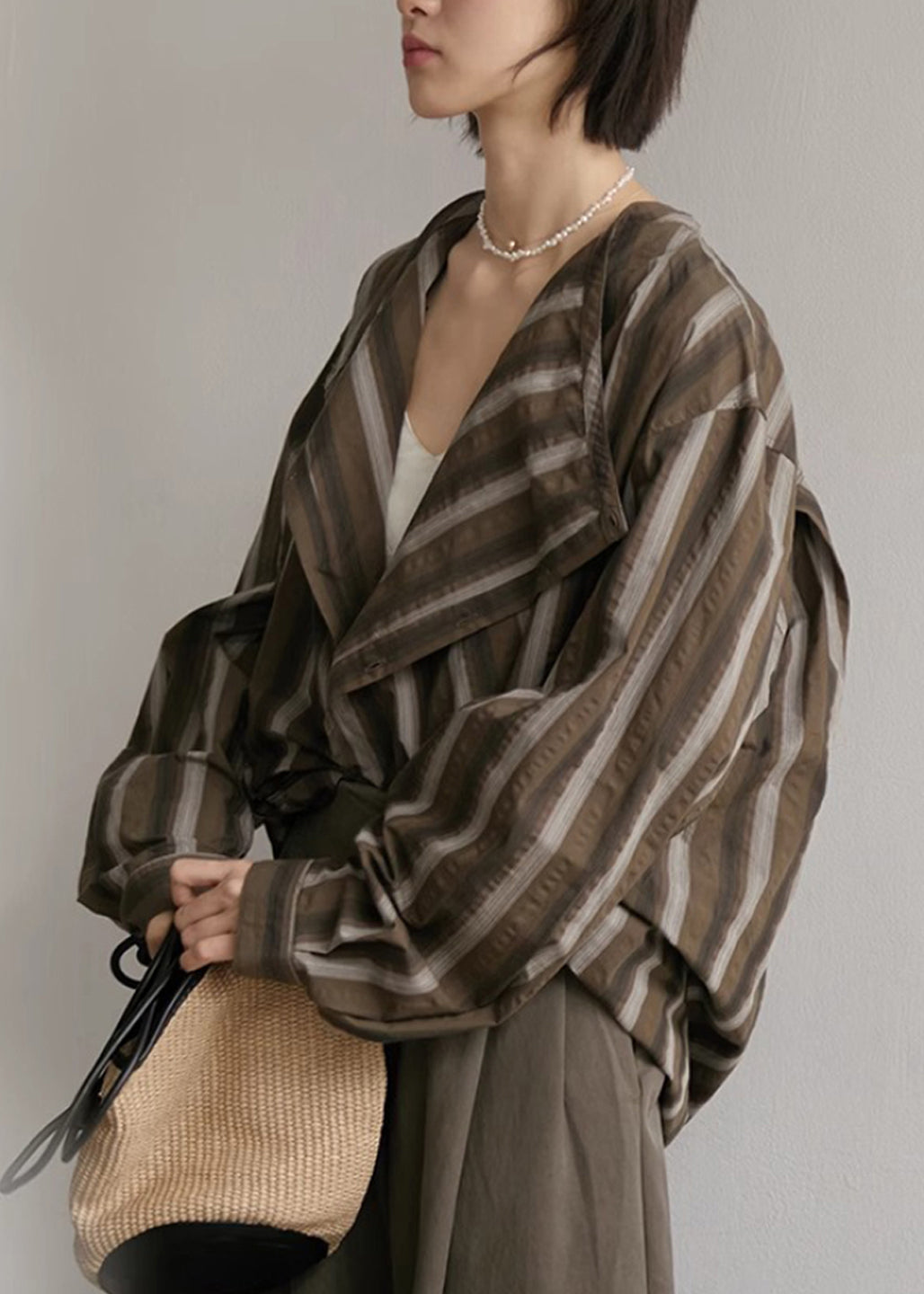 Plus Size Coffee Striped Button Cotton Blouses Fall