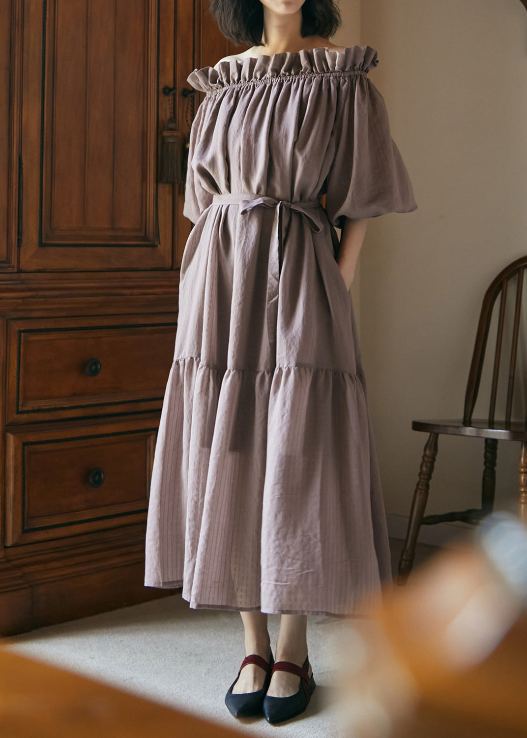 Plus Size Grey Purple Ruffled Lace Up Patchwork Cotton Dress Summer