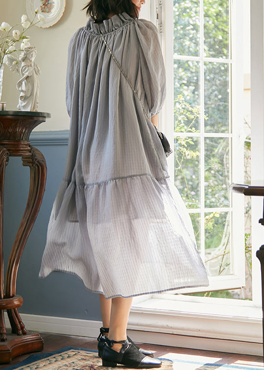 Plus Size Grey Purple Ruffled Lace Up Patchwork Cotton Dress Summer