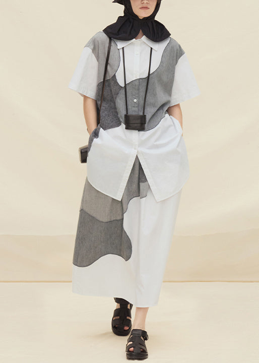 Plus Size Light Grey Peter Pan Collar Patchwork Cotton Two Pieces Set Summer