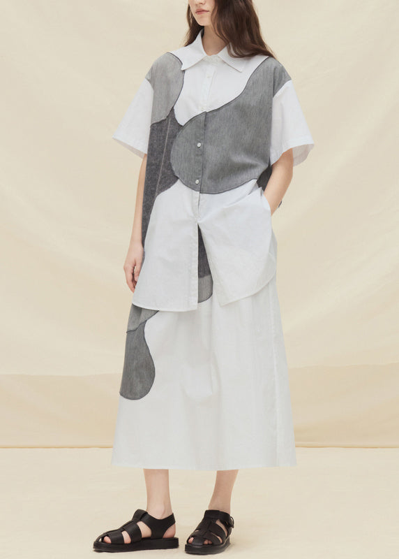 Plus Size Light Grey Peter Pan Collar Patchwork Cotton Two Pieces Set Summer