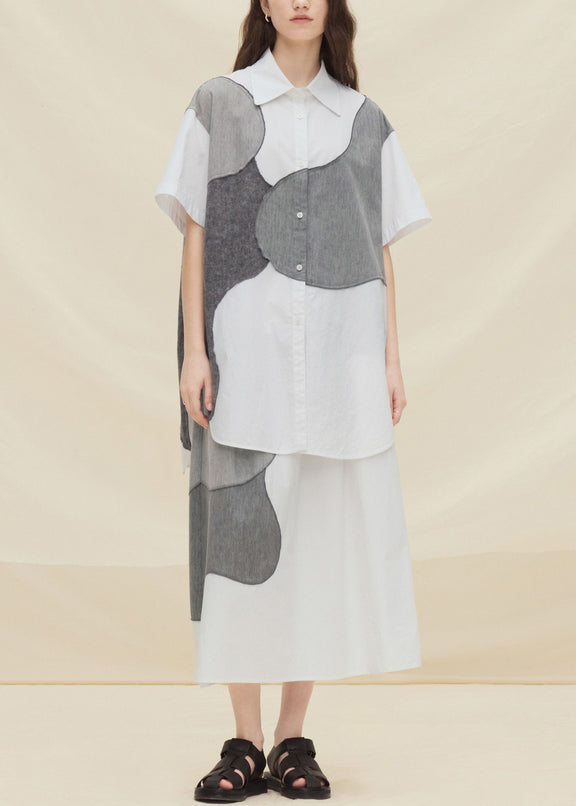 Plus Size Light Grey Peter Pan Collar Patchwork Cotton Two Pieces Set Summer